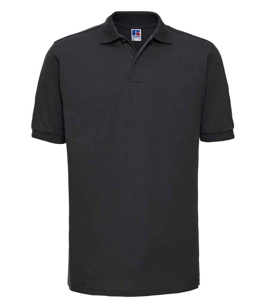 Russell Hardwearing Poly/Cotton Piqué Polo Shirt in Black by Russell — Custom branded clothing by Print Press, featuring premium embroidery produced in our specialist print lab in the UK.