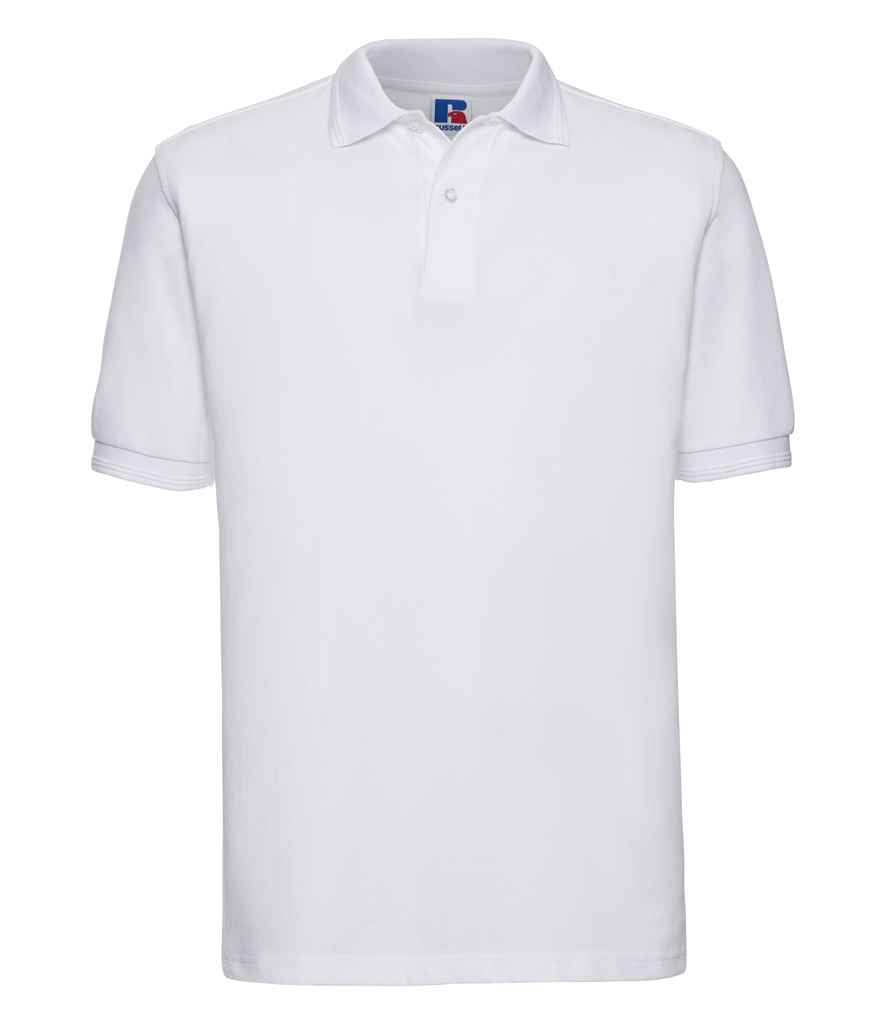 Russell Hardwearing Poly/Cotton Piqué Polo Shirt in White by Russell — Custom branded clothing by Print Press, featuring premium embroidery produced in our specialist print lab in the UK.