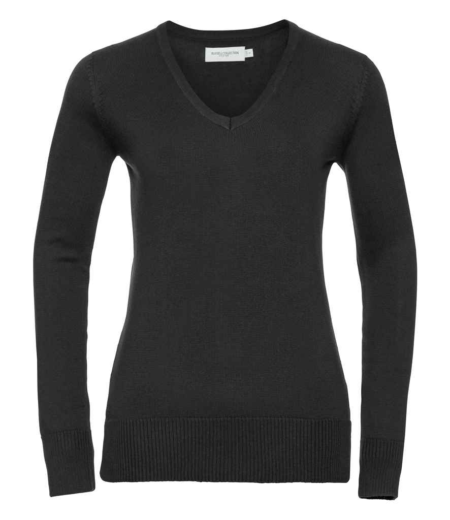 Russell Collection Ladies Cotton Acrylic V Neck Sweater in Black by Russell — Custom branded clothing by Print Press, featuring premium embroidery produced in our specialist print lab in the UK.