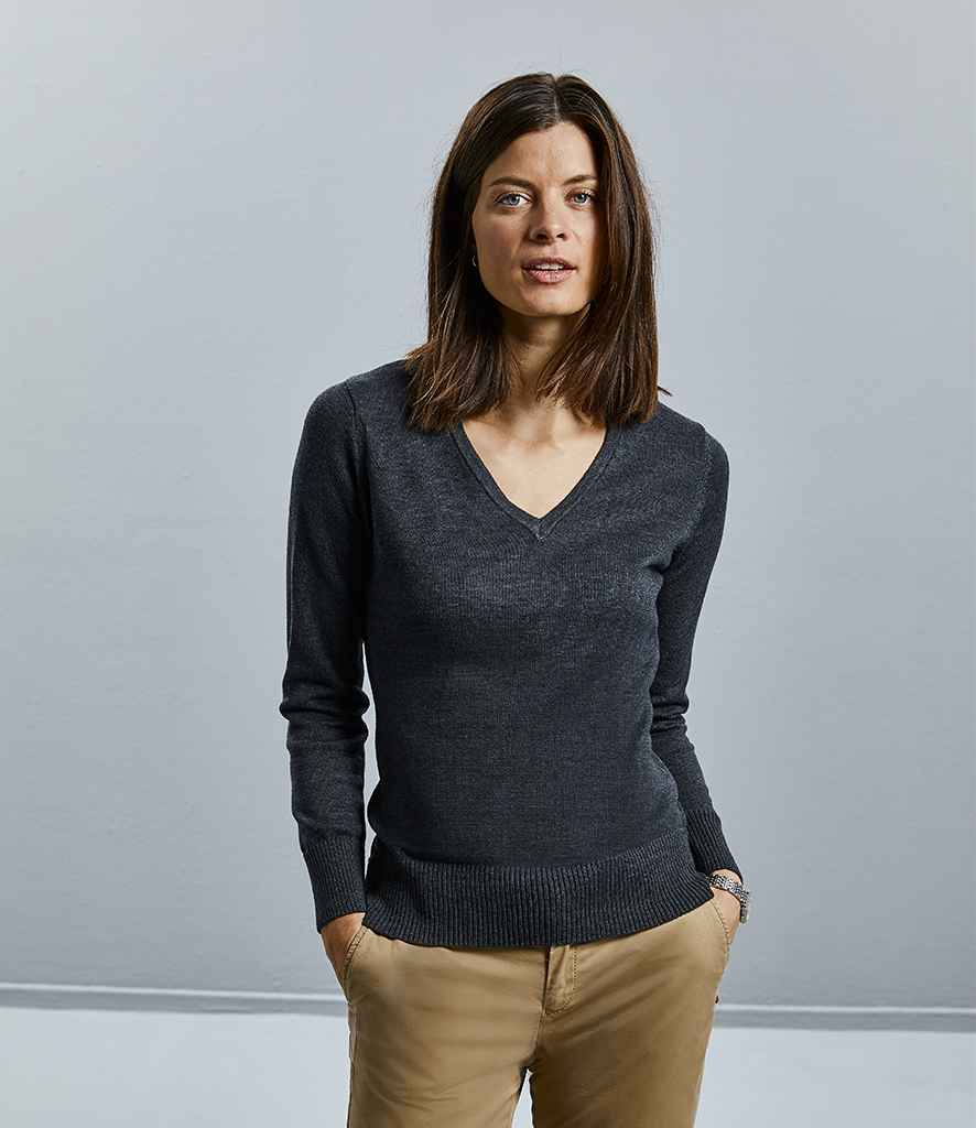Russell Collection Ladies Cotton Acrylic V Neck Sweater in Charcoal Marl by Russell — Custom branded clothing by Print Press, featuring premium embroidery produced in our specialist print lab in the UK.