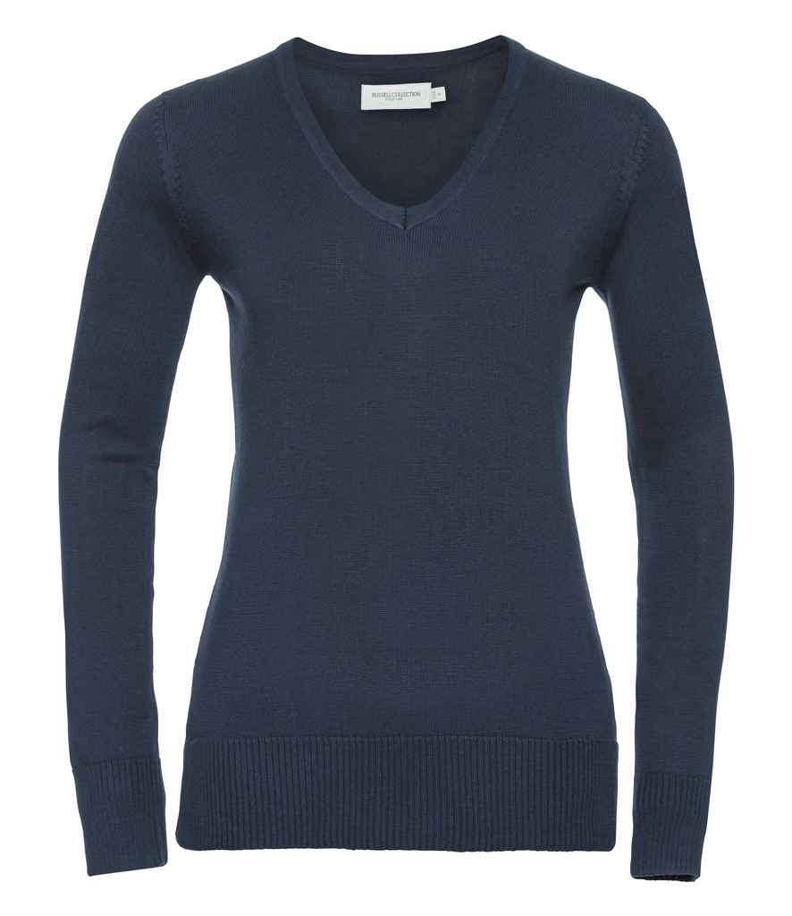 Russell Collection Ladies Cotton Acrylic V Neck Sweater in French Navy by Russell — Custom branded clothing by Print Press, featuring premium embroidery produced in our specialist print lab in the UK.