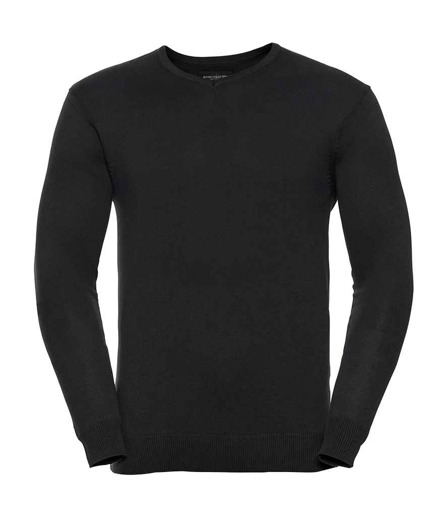 Russell Collection Cotton Acrylic V Neck Sweater in Black by Russell — Custom branded clothing by Print Press, featuring premium embroidery produced in our specialist print lab in the UK.