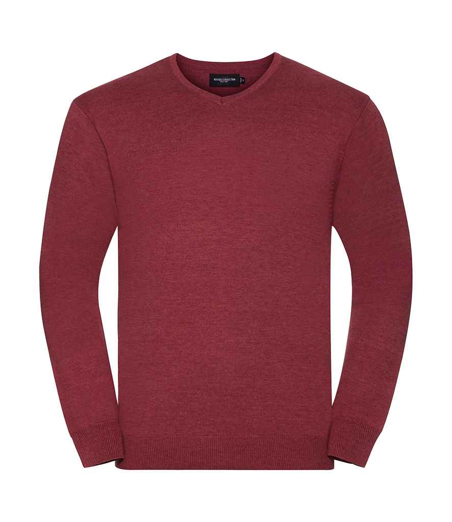 Russell Collection Cotton Acrylic V Neck Sweater in Cranberry Marl by Russell — Custom branded clothing by Print Press, featuring premium embroidery produced in our specialist print lab in the UK.