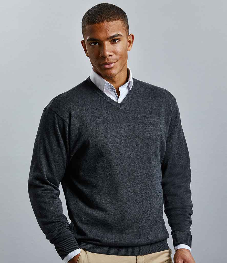 Russell Collection Cotton Acrylic V Neck Sweater in Charcoal Marl by Russell — Custom branded clothing by Print Press, featuring premium embroidery produced in our specialist print lab in the UK.