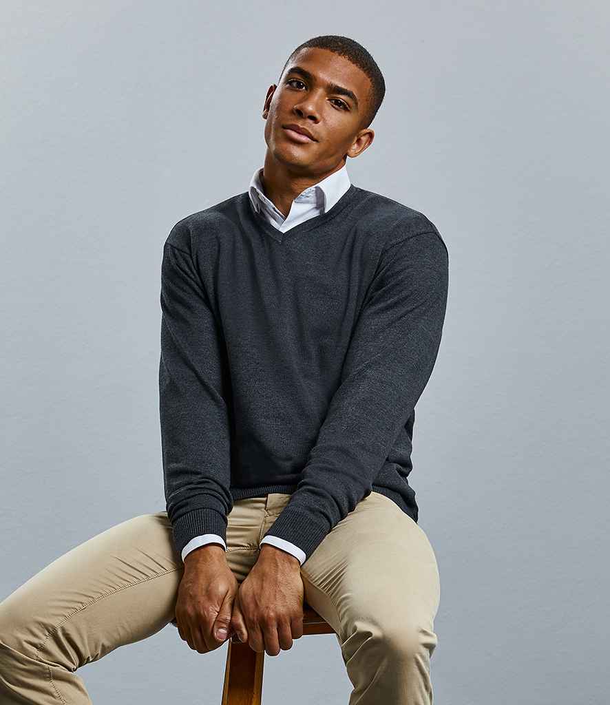 Russell Collection Cotton Acrylic V Neck Sweater in by Russell — Custom branded clothing by Print Press, featuring premium embroidery produced in our specialist print lab in the UK.