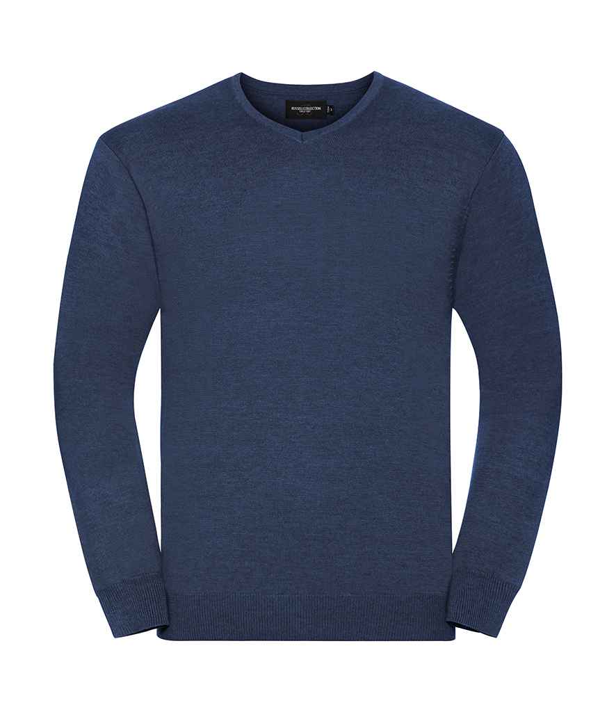 Russell Collection Cotton Acrylic V Neck Sweater in Denim Marl by Russell — Custom branded clothing by Print Press, featuring premium embroidery produced in our specialist print lab in the UK.