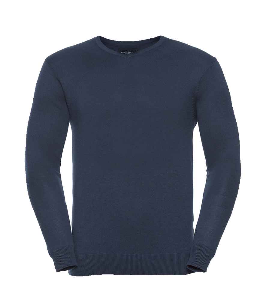 Russell Collection Cotton Acrylic V Neck Sweater in French Navy by Russell — Custom branded clothing by Print Press, featuring premium embroidery produced in our specialist print lab in the UK.