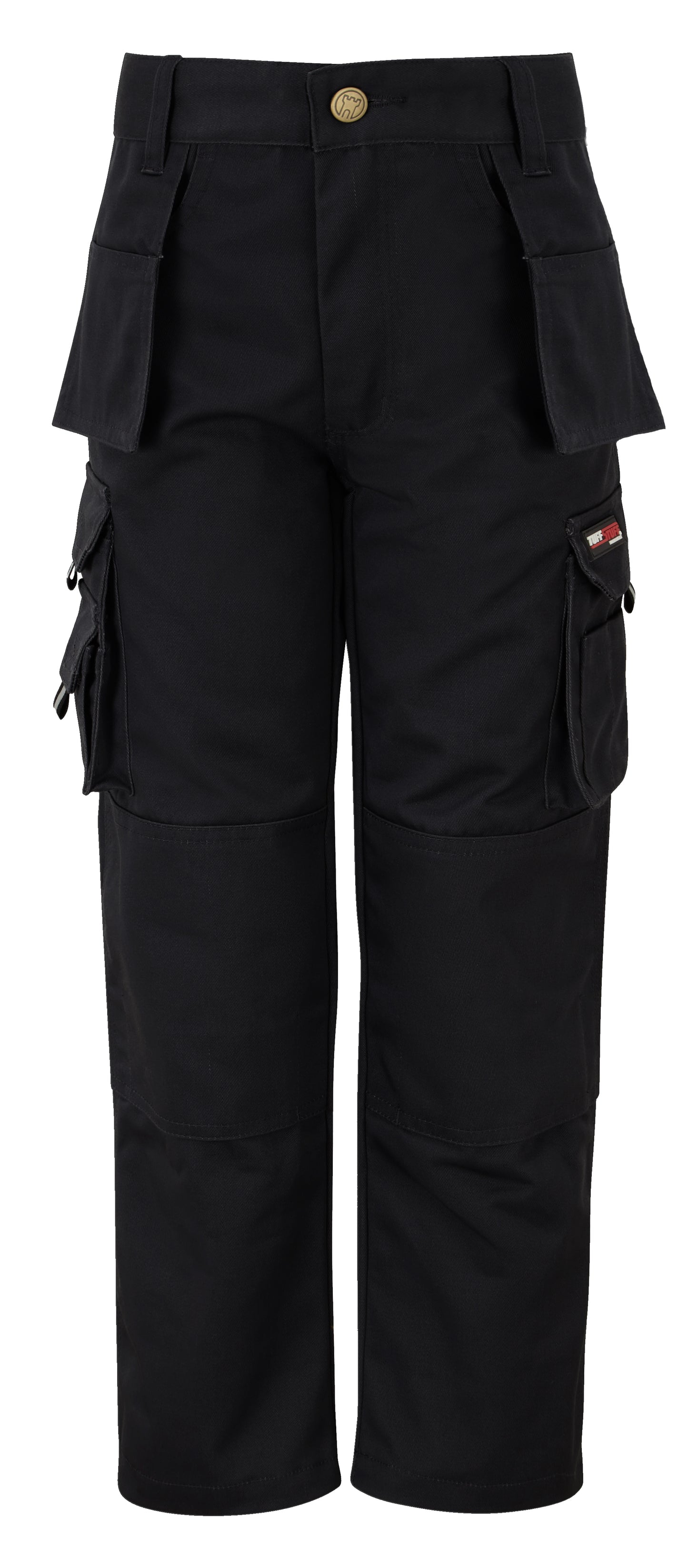 Tuffstuff Junior Pro Work Trousers in BLACK by TUFFSTUFF — Custom branded clothing by Print Press, featuring premium embroidery produced in our specialist print lab in the UK.