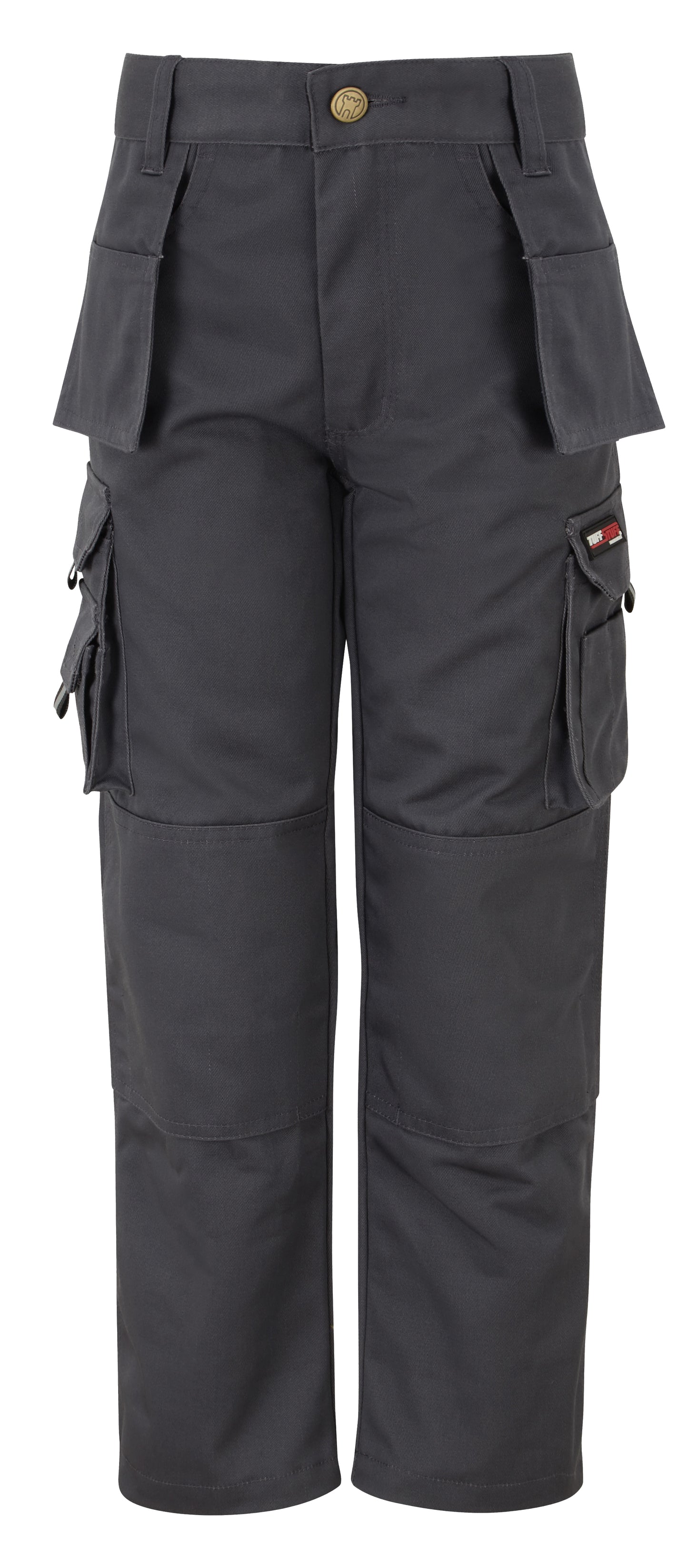 Tuffstuff Junior Pro Work Trousers in GREY by TUFFSTUFF — Custom branded clothing by Print Press, featuring premium embroidery produced in our specialist print lab in the UK.