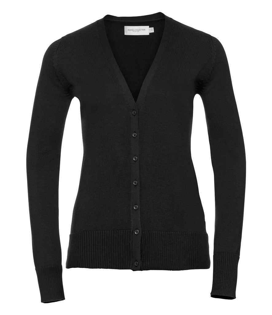 Russell Collection Ladies Cotton Acrylic V Neck Cardigan in Black by Russell — Custom branded clothing by Print Press, featuring premium embroidery produced in our specialist print lab in the UK.