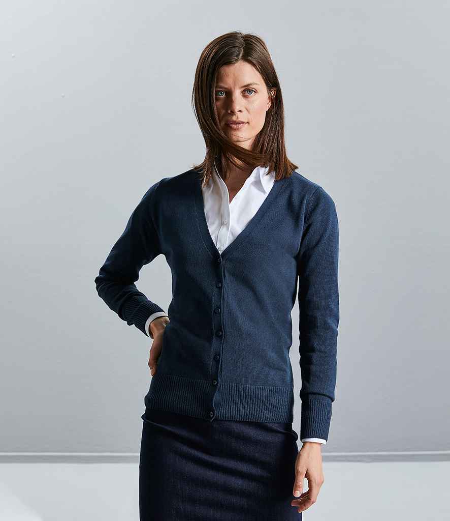 Russell Collection Ladies Cotton Acrylic V Neck Cardigan in French Navy by Russell — Custom branded clothing by Print Press, featuring premium embroidery produced in our specialist print lab in the UK.