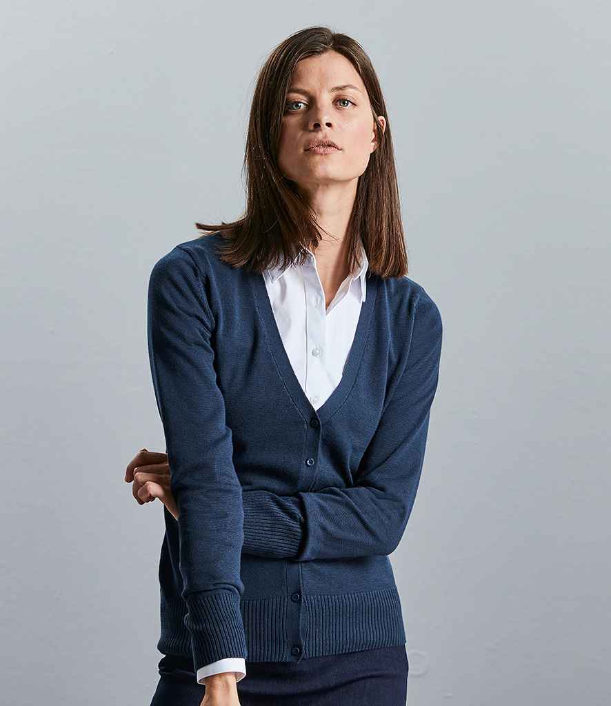 Russell Collection Ladies Cotton Acrylic V Neck Cardigan in by Russell — Custom branded clothing by Print Press, featuring premium embroidery produced in our specialist print lab in the UK.
