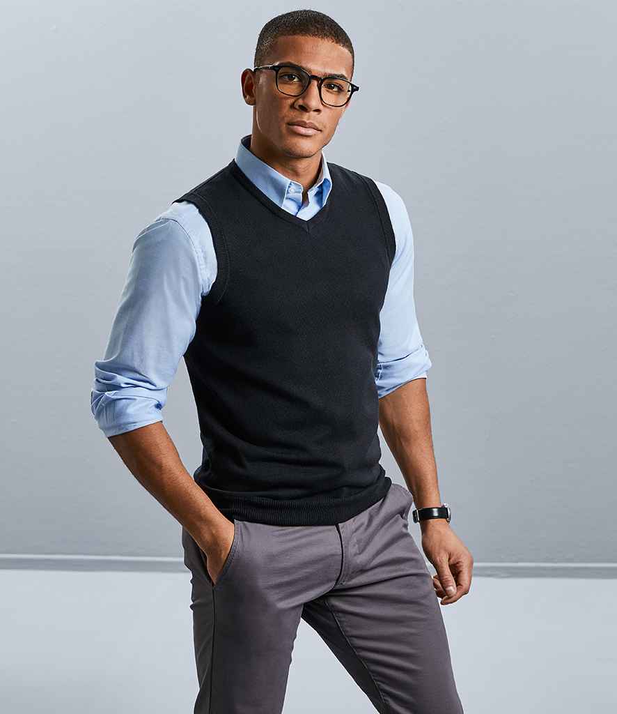 Russell Collection Sleeveless Cotton Acrylic V Neck Sweater in Black by Russell — Custom branded clothing by Print Press, featuring premium embroidery produced in our specialist print lab in the UK.