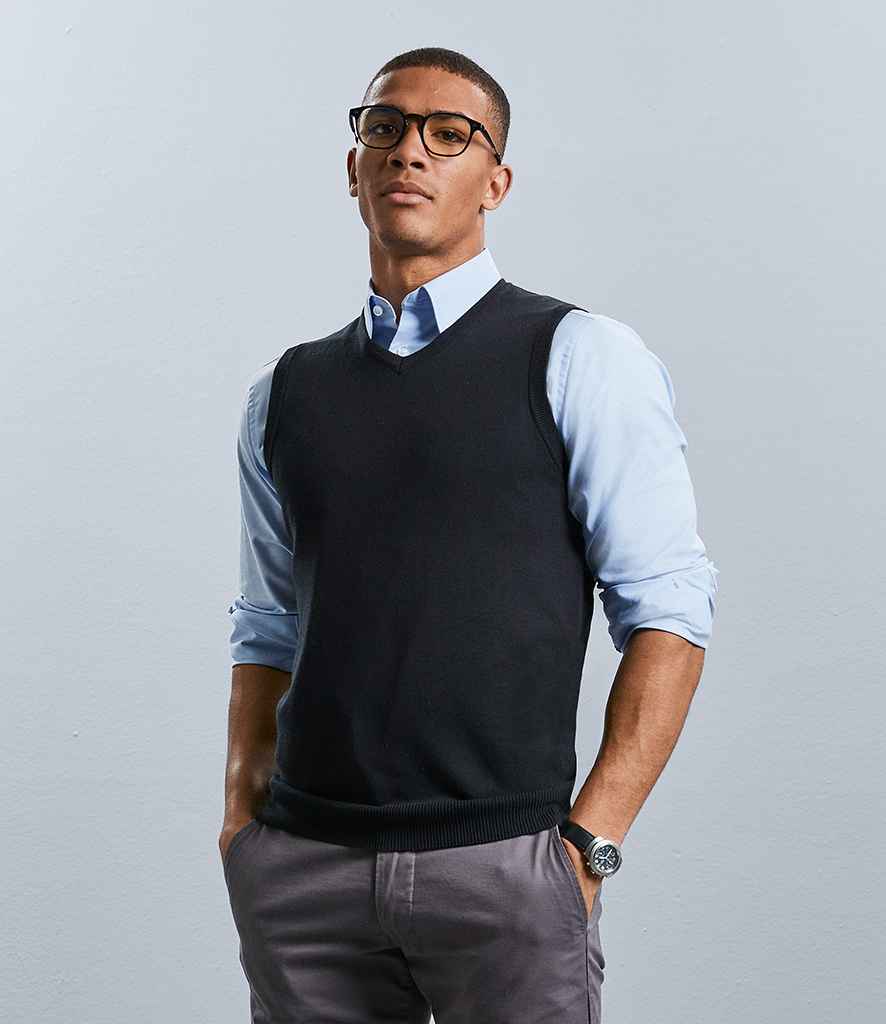 Russell Collection Sleeveless Cotton Acrylic V Neck Sweater in by Russell — Custom branded clothing by Print Press, featuring premium embroidery produced in our specialist print lab in the UK.