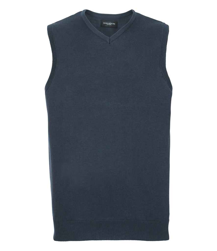 Russell Collection Sleeveless Cotton Acrylic V Neck Sweater in French Navy by Russell — Custom branded clothing by Print Press, featuring premium embroidery produced in our specialist print lab in the UK.