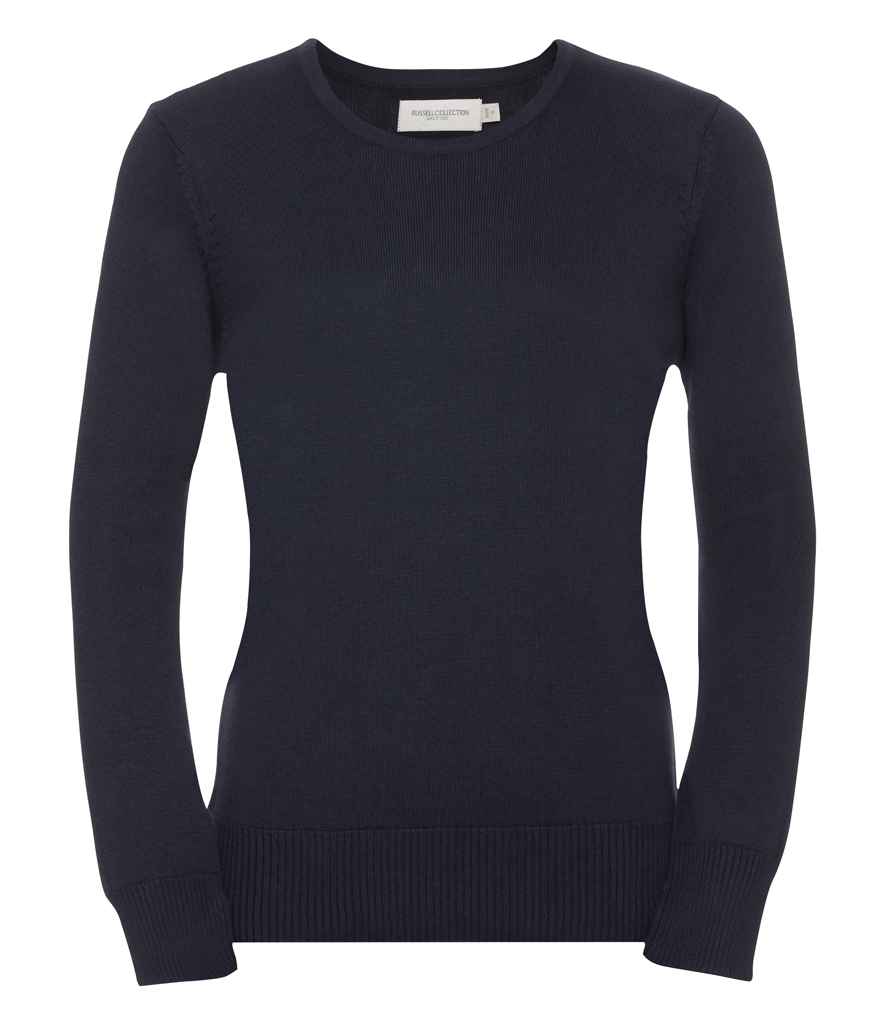 Russell Collection Ladies Cotton Acrylic Crew Neck Sweater in French Navy by Russell — Custom branded clothing by Print Press, featuring premium embroidery produced in our specialist print lab in the UK.