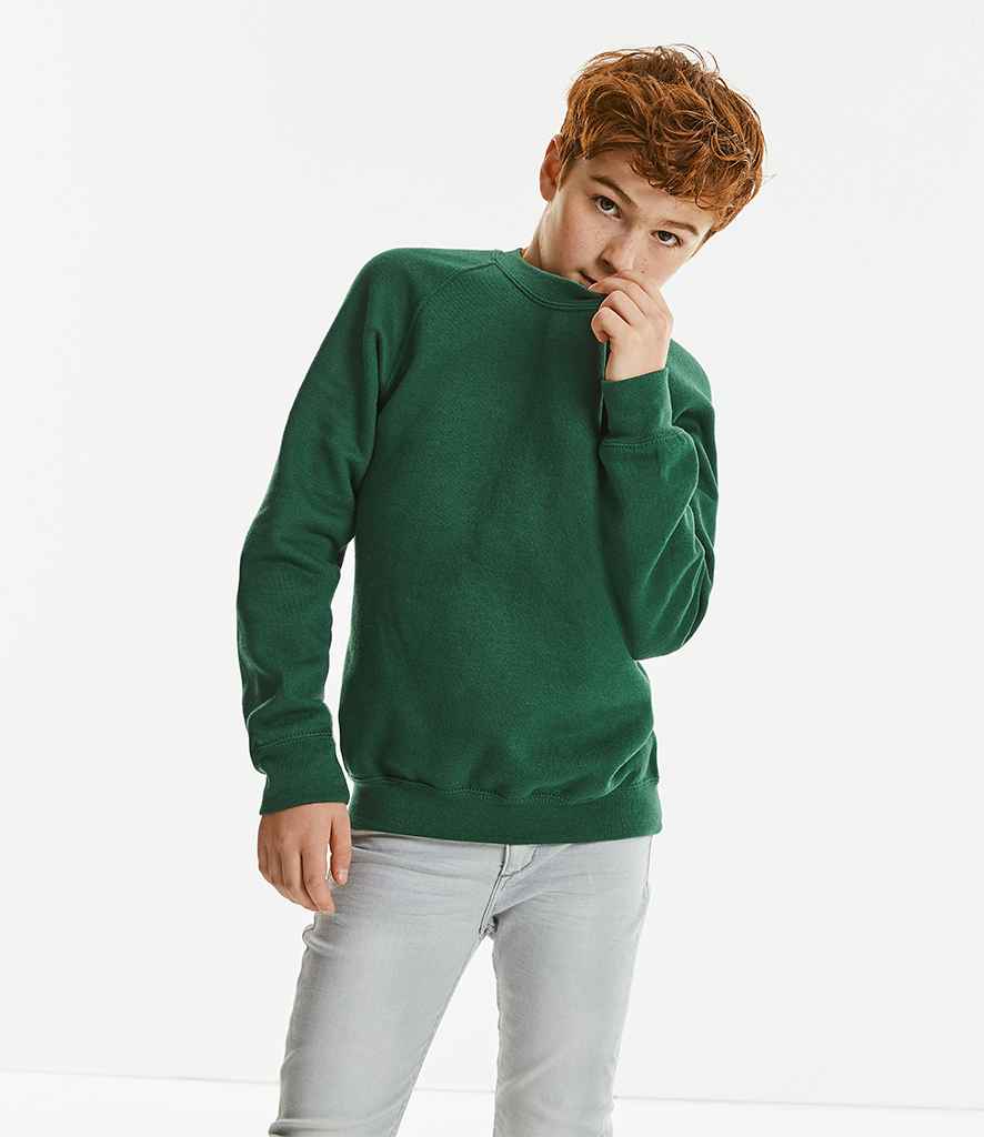 Russell Schoolgear Kids Raglan Sweatshirt in Bottle Green by Russell — Custom branded clothing by Print Press, featuring premium embroidery produced in our specialist print lab in the UK.