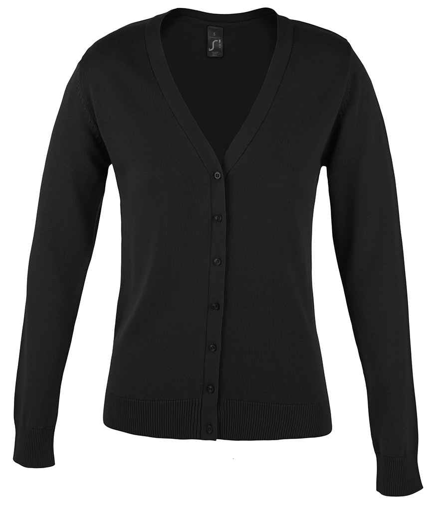 SOL'S Ladies Golden Cotton Acrylic V Neck Cardigan in Black by SOL'S — Custom branded clothing by Print Press, featuring premium embroidery produced in our specialist print lab in the UK.