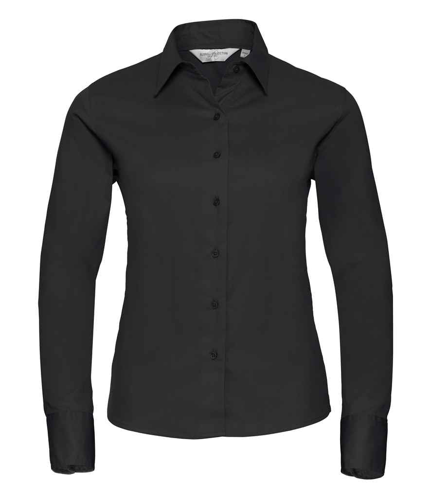 Russell Collection Ladies Long Sleeve Classic Twill Shirt in Black by Russell — Custom branded clothing by Print Press, featuring premium embroidery produced in our specialist print lab in the UK.