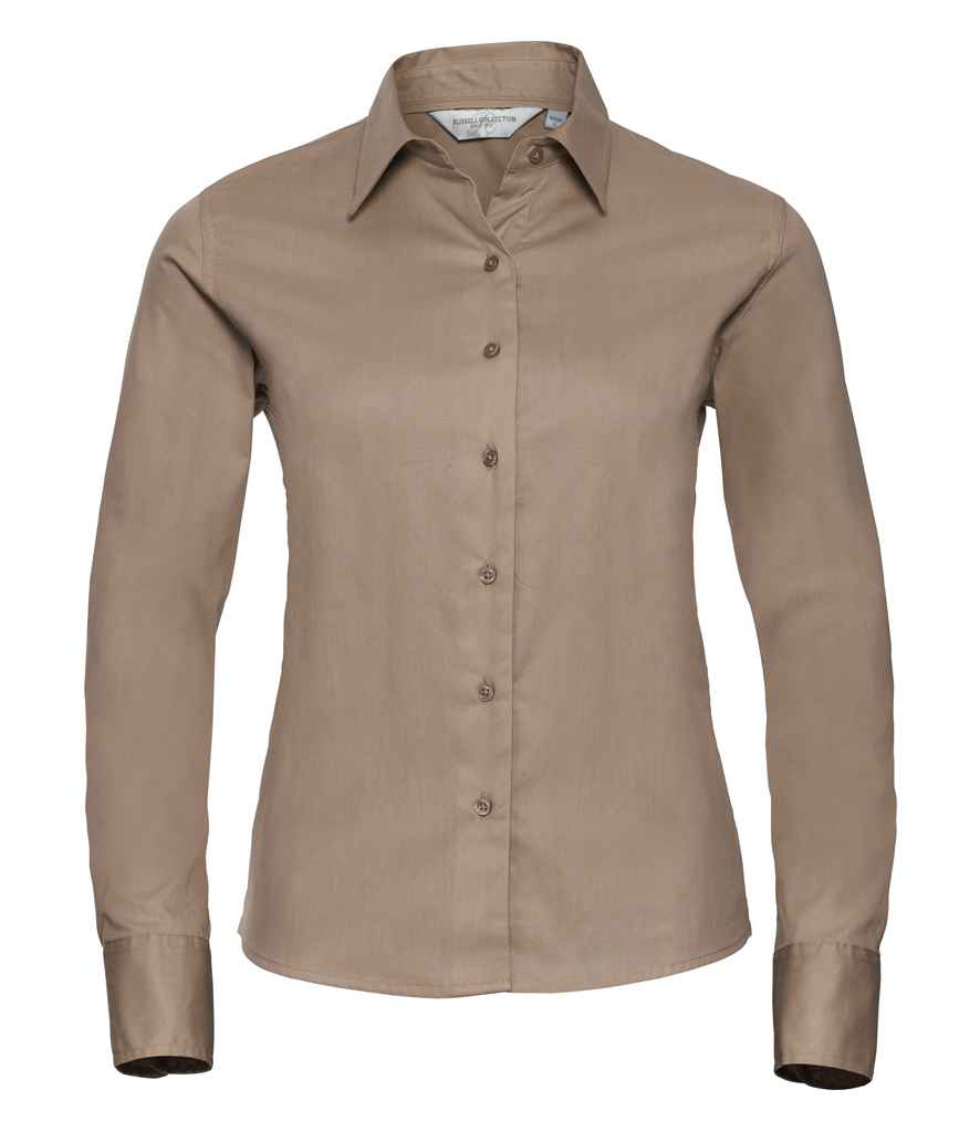 Russell Collection Ladies Long Sleeve Classic Twill Shirt in Khaki by Russell — Custom branded clothing by Print Press, featuring premium embroidery produced in our specialist print lab in the UK.