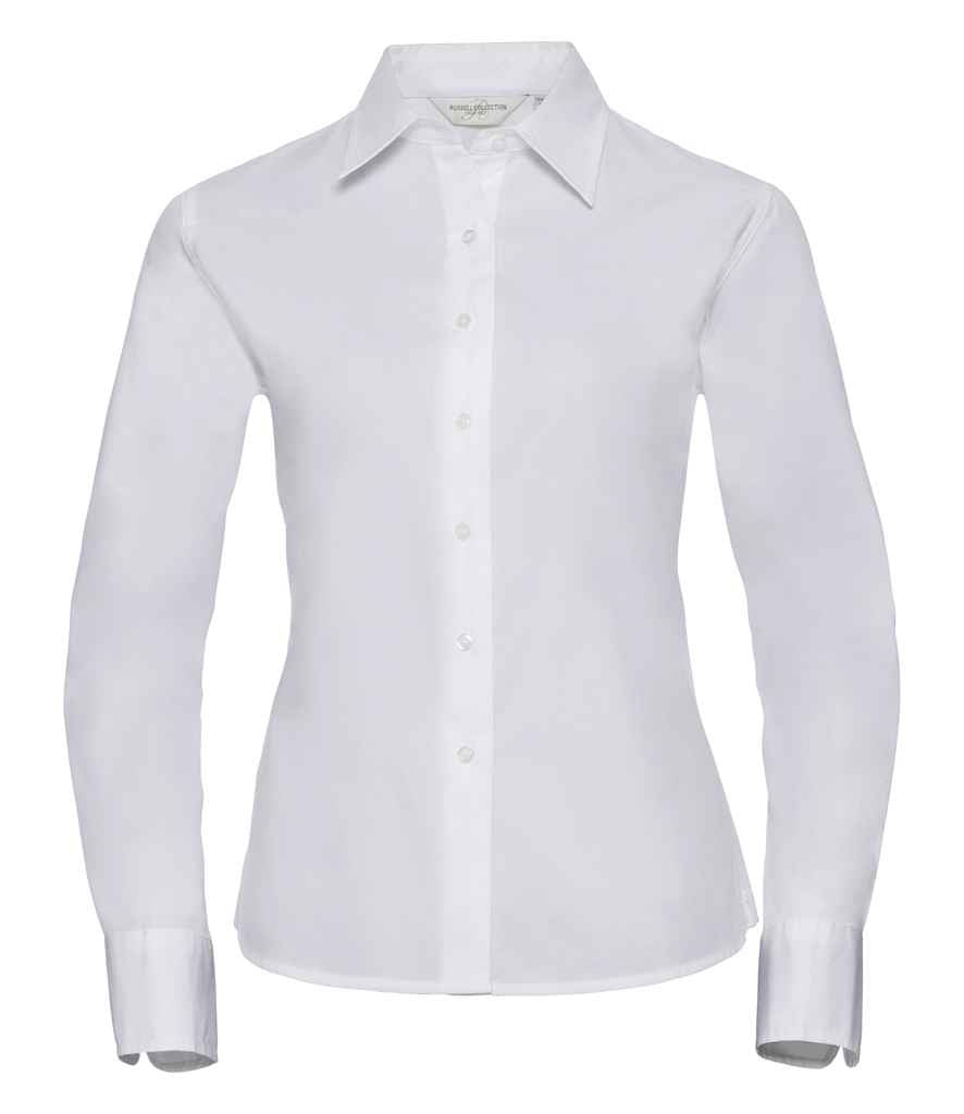 Russell Collection Ladies Long Sleeve Classic Twill Shirt in White by Russell — Custom branded clothing by Print Press, featuring premium embroidery produced in our specialist print lab in the UK.