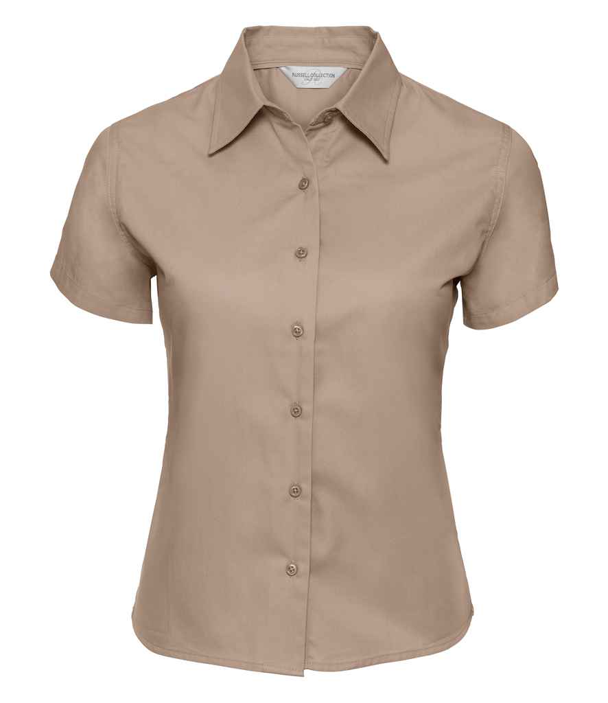Russell Collection Ladies Short Sleeve Classic Twill Shirt in Khaki by Russell — Custom branded clothing by Print Press, featuring premium embroidery produced in our specialist print lab in the UK.