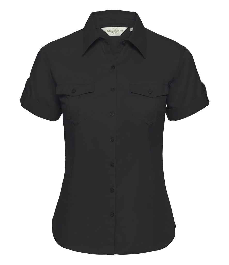 Russell Collection Ladies Short Sleeve Twill Roll Shirt in Black by Russell — Custom branded clothing by Print Press, featuring premium embroidery produced in our specialist print lab in the UK.