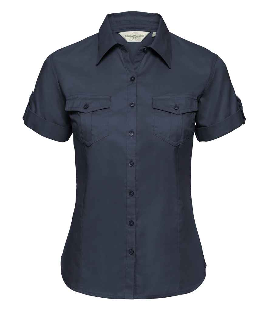 Russell Collection Ladies Short Sleeve Twill Roll Shirt in French Navy by Russell — Custom branded clothing by Print Press, featuring premium embroidery produced in our specialist print lab in the UK.