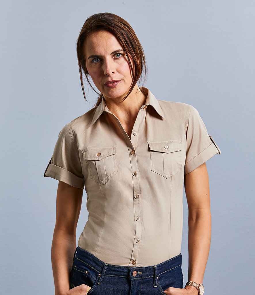 Russell Collection Ladies Short Sleeve Twill Roll Shirt in by Russell — Custom branded clothing by Print Press, featuring premium embroidery produced in our specialist print lab in the UK.