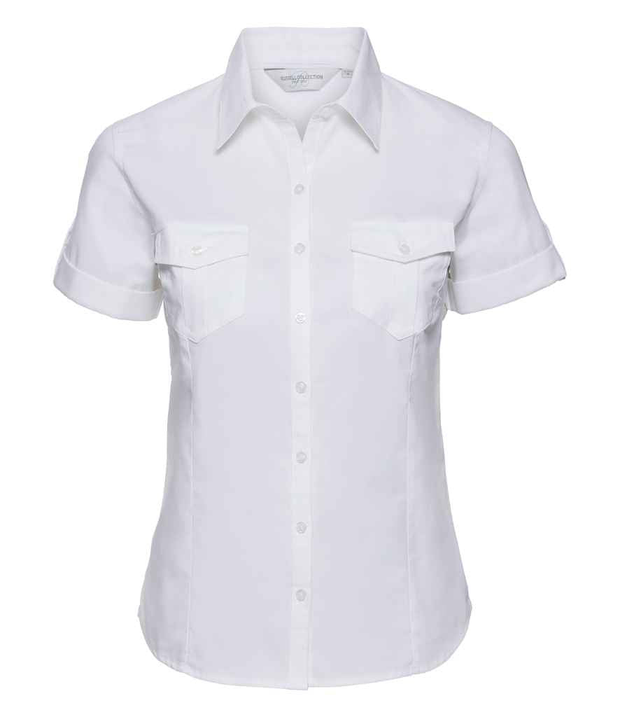 Russell Collection Ladies Short Sleeve Twill Roll Shirt in White by Russell — Custom branded clothing by Print Press, featuring premium embroidery produced in our specialist print lab in the UK.