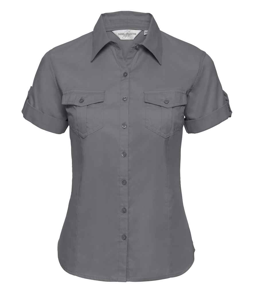 Russell Collection Ladies Short Sleeve Twill Roll Shirt in Zinc by Russell — Custom branded clothing by Print Press, featuring premium embroidery produced in our specialist print lab in the UK.