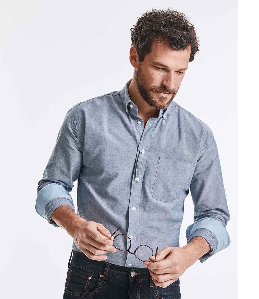 Russell Collection Tailored Long Sleeve Washed Oxford Shirt in Oxford Navy Oxford Blue by Russell — Custom branded clothing by Print Press, featuring premium embroidery produced in our specialist print lab in the UK.