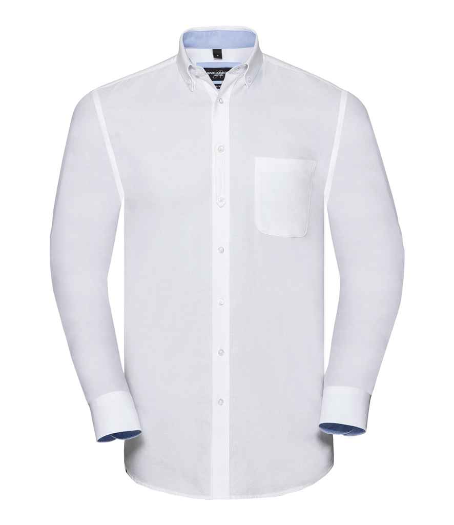 Russell Collection Tailored Long Sleeve Washed Oxford Shirt in White Oxford Blue by Russell — Custom branded clothing by Print Press, featuring premium embroidery produced in our specialist print lab in the UK.