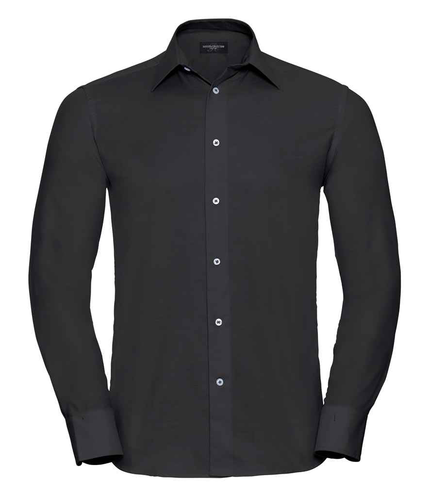 Russell Collection Long Sleeve Tailored Oxford Shirt in Black by Russell — Custom branded clothing by Print Press, featuring premium embroidery produced in our specialist print lab in the UK.