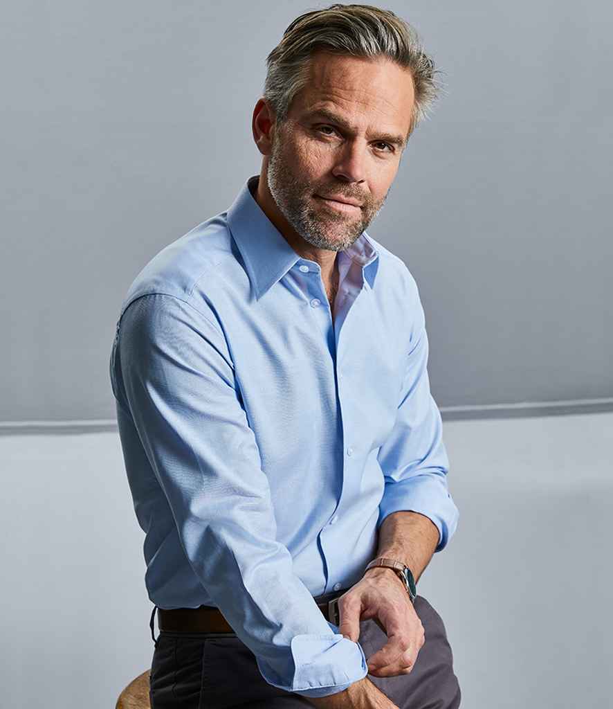 Russell Collection Long Sleeve Tailored Oxford Shirt in Oxford Blue by Russell — Custom branded clothing by Print Press, featuring premium embroidery produced in our specialist print lab in the UK.