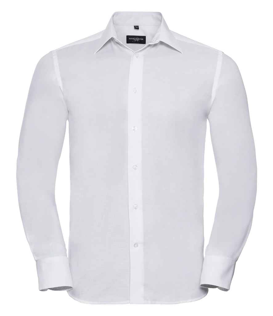 Russell Collection Long Sleeve Tailored Oxford Shirt in White by Russell — Custom branded clothing by Print Press, featuring premium embroidery produced in our specialist print lab in the UK.