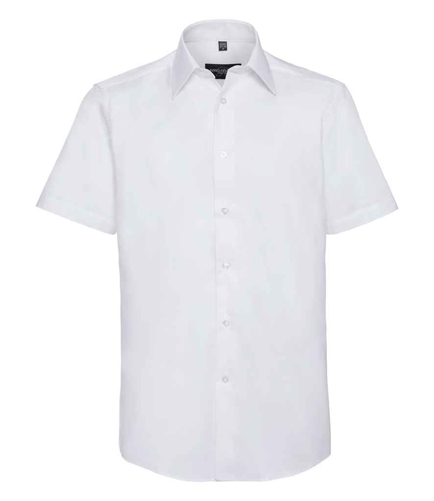 Russell Collection Short Sleeve Tailored Oxford Shirt in White by Russell — Custom branded clothing by Print Press, featuring premium embroidery produced in our specialist print lab in the UK.