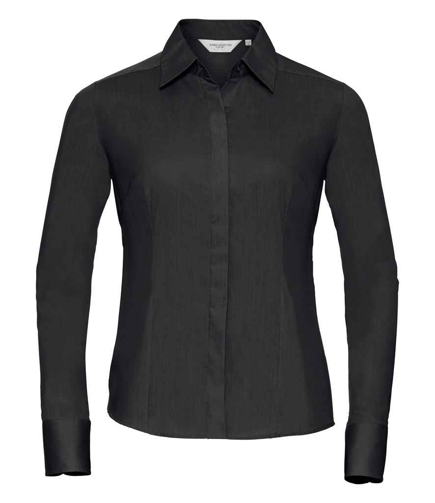 Russell Collection Ladies Long Sleeve Fitted Poplin Shirt in Black by Russell — Custom branded clothing by Print Press, featuring premium embroidery produced in our specialist print lab in the UK.