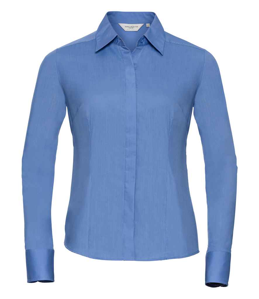 Russell Collection Ladies Long Sleeve Fitted Poplin Shirt in Corporate Blue by Russell — Custom branded clothing by Print Press, featuring premium embroidery produced in our specialist print lab in the UK.