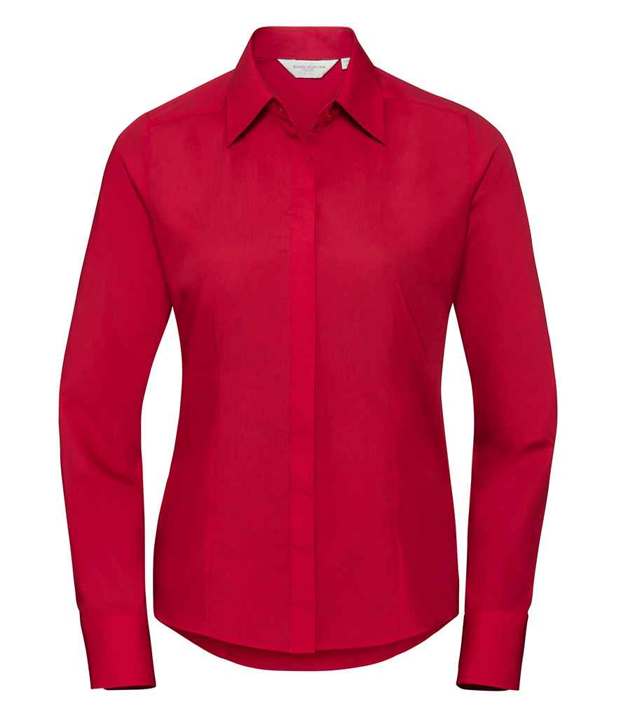 Russell Collection Ladies Long Sleeve Fitted Poplin Shirt in Classic Red by Russell — Custom branded clothing by Print Press, featuring premium embroidery produced in our specialist print lab in the UK.