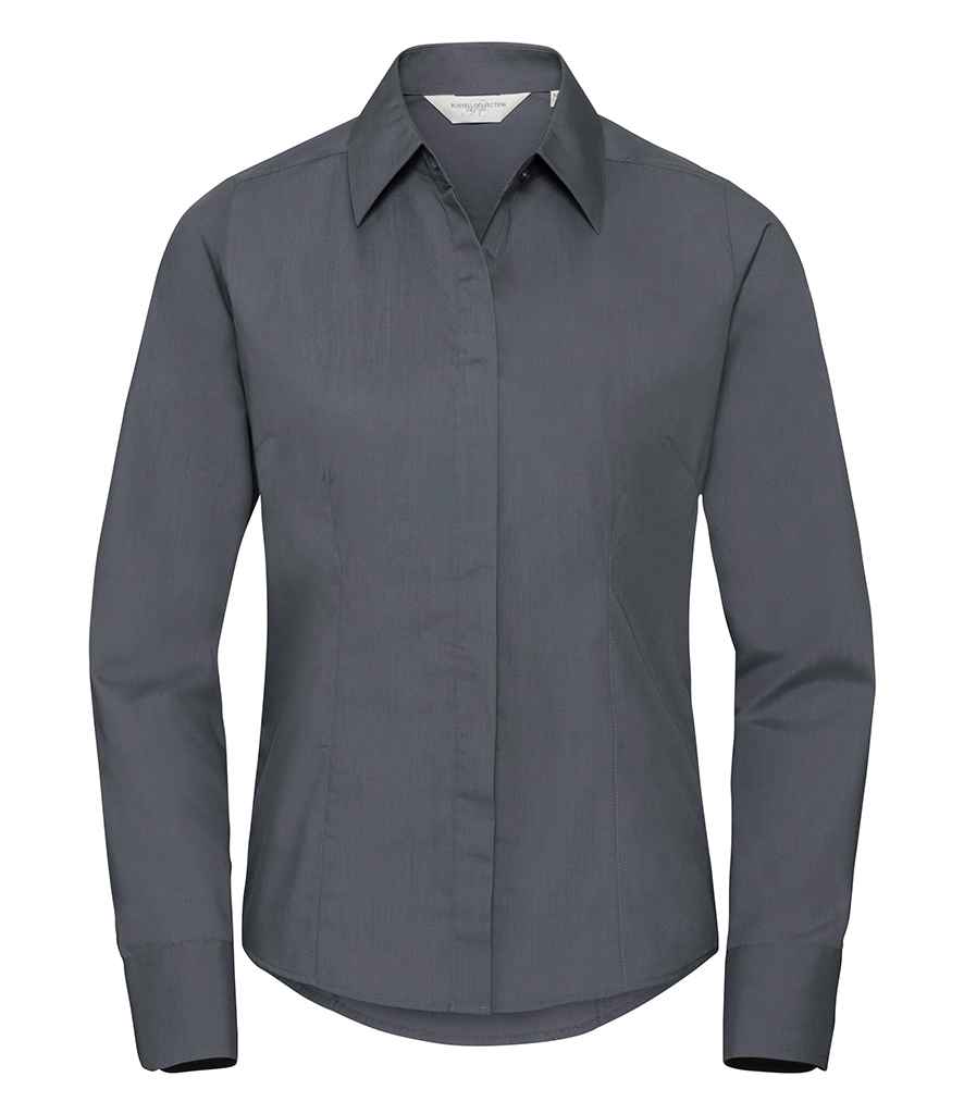 Russell Collection Ladies Long Sleeve Fitted Poplin Shirt in by Russell — Custom branded clothing by Print Press, featuring premium embroidery produced in our specialist print lab in the UK.