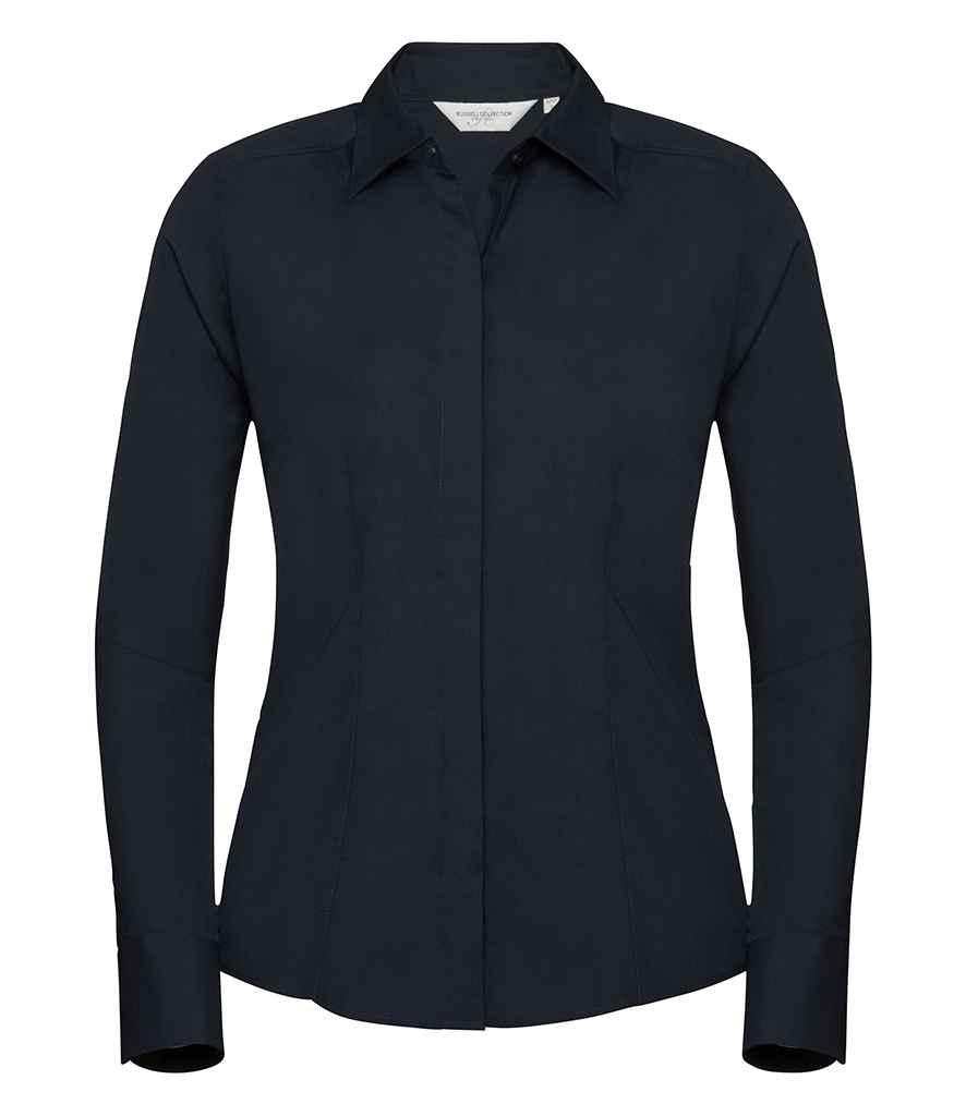 Russell Collection Ladies Long Sleeve Fitted Poplin Shirt in French Navy by Russell — Custom branded clothing by Print Press, featuring premium embroidery produced in our specialist print lab in the UK.