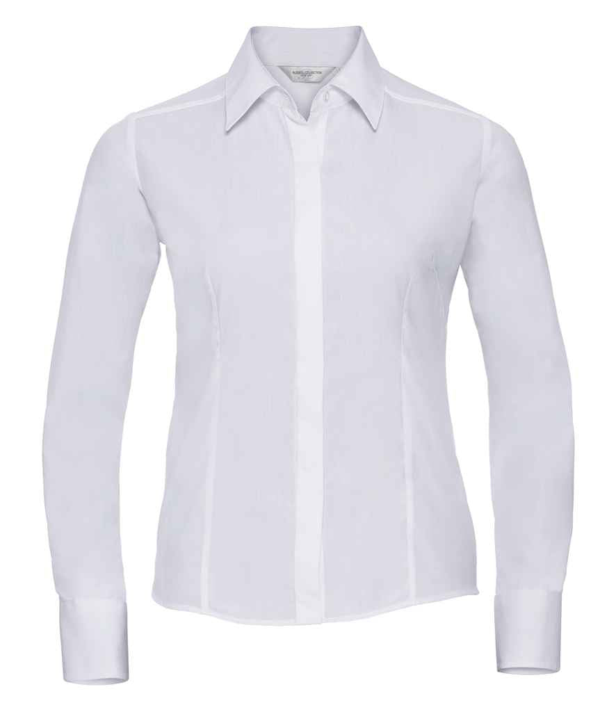 Russell Collection Ladies Long Sleeve Fitted Poplin Shirt in White by Russell — Custom branded clothing by Print Press, featuring premium embroidery produced in our specialist print lab in the UK.