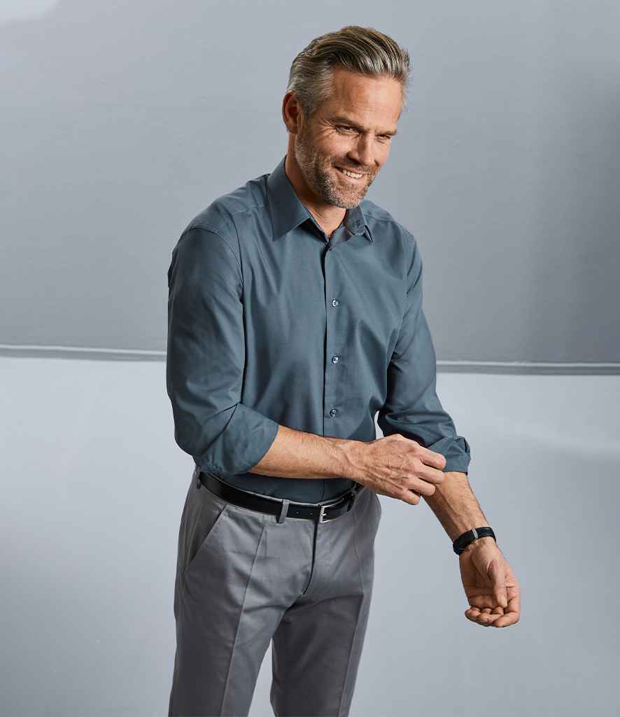 Russell Collection Long Sleeve Tailored Poplin Shirt in Convoy Grey by Russell — Custom branded clothing by Print Press, featuring premium embroidery produced in our specialist print lab in the UK.