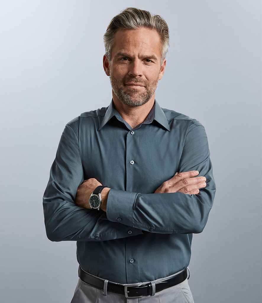 Russell Collection Long Sleeve Tailored Poplin Shirt in by Russell — Custom branded clothing by Print Press, featuring premium embroidery produced in our specialist print lab in the UK.