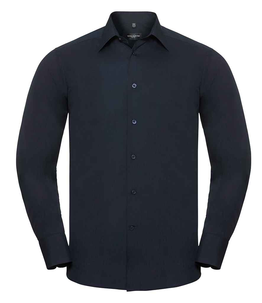 Russell Collection Long Sleeve Tailored Poplin Shirt in French Navy by Russell — Custom branded clothing by Print Press, featuring premium embroidery produced in our specialist print lab in the UK.