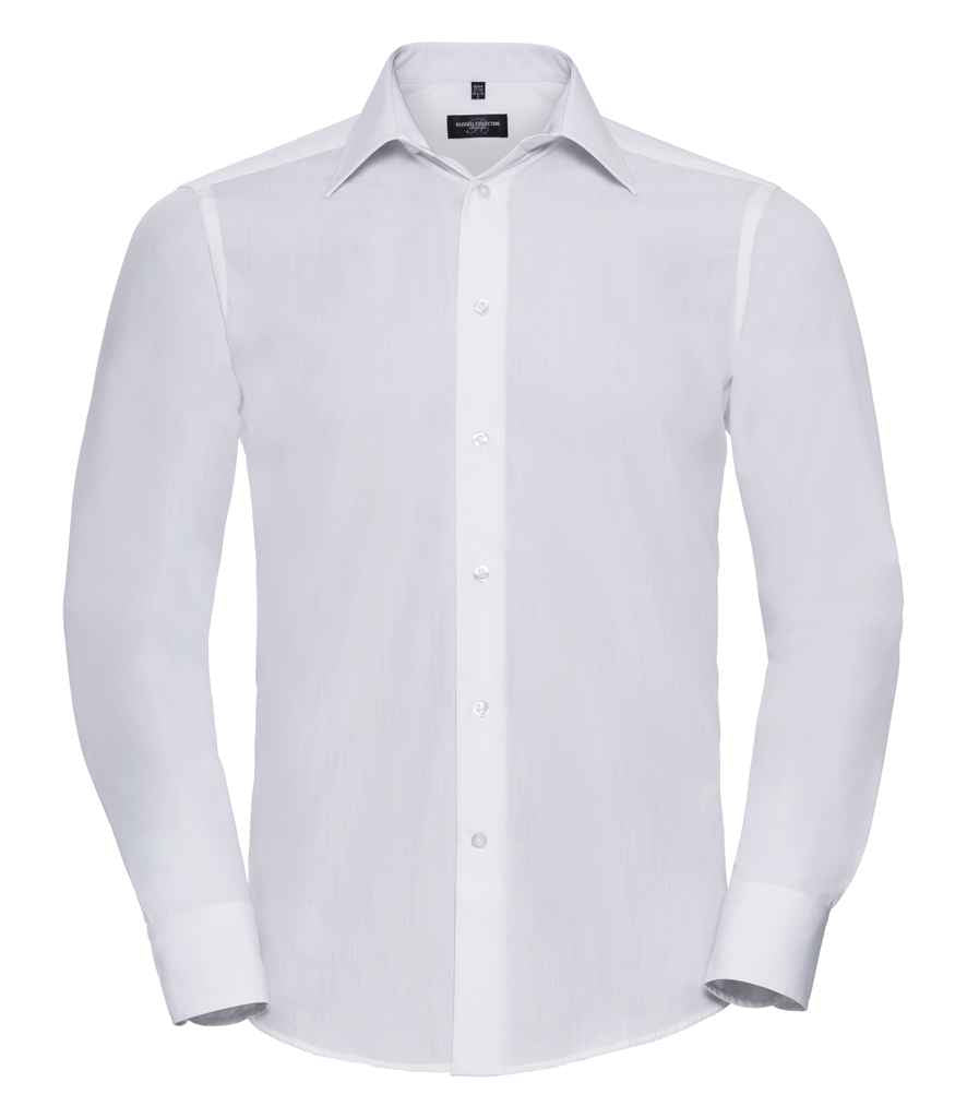 Russell Collection Long Sleeve Tailored Poplin Shirt in White by Russell — Custom branded clothing by Print Press, featuring premium embroidery produced in our specialist print lab in the UK.