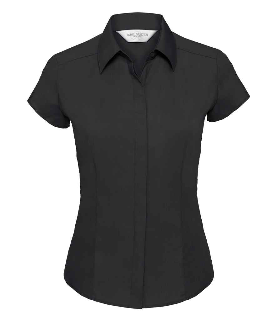 Russell Collection Ladies Cap Sleeve Fitted Poplin Shirt in Black by Russell — Custom branded clothing by Print Press, featuring premium embroidery produced in our specialist print lab in the UK.