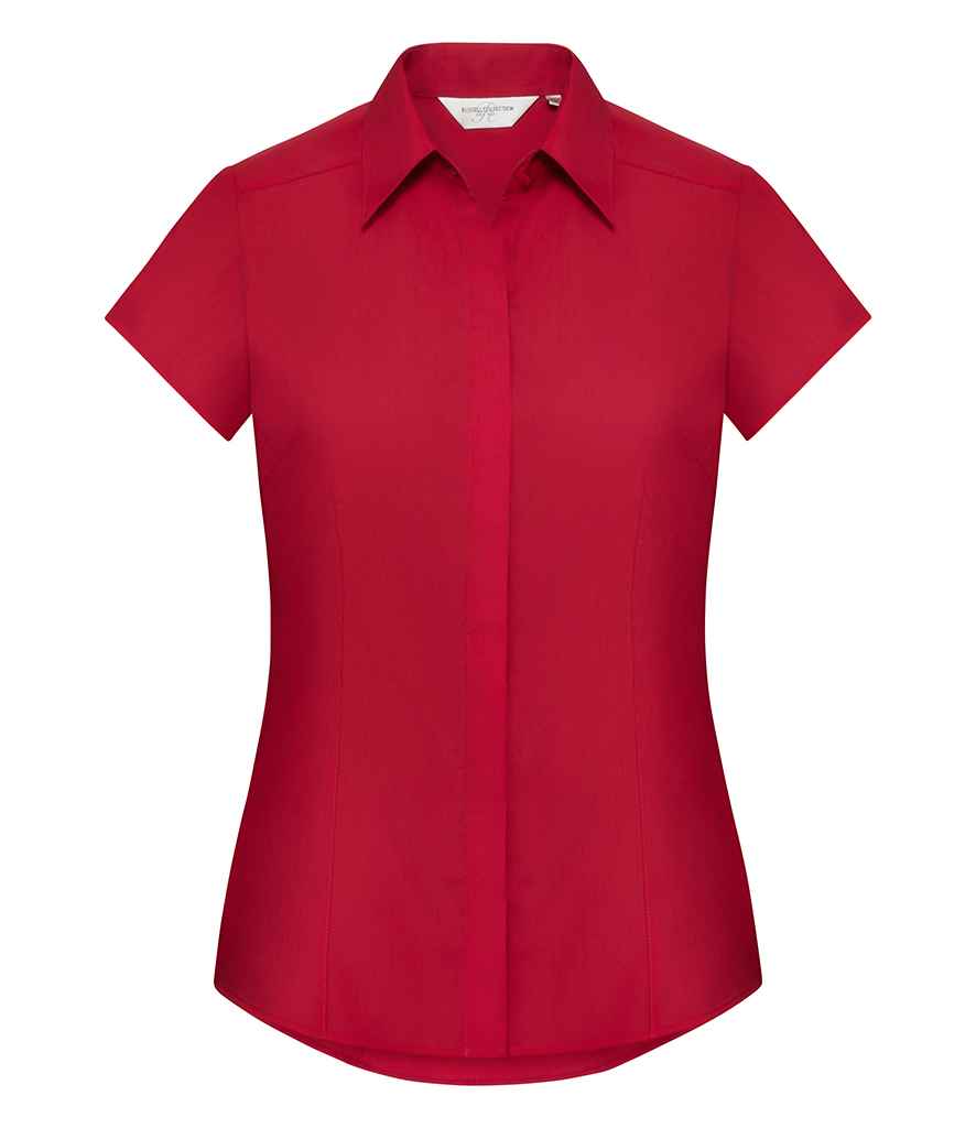 Russell Collection Ladies Cap Sleeve Fitted Poplin Shirt in Classic Red by Russell — Custom branded clothing by Print Press, featuring premium embroidery produced in our specialist print lab in the UK.