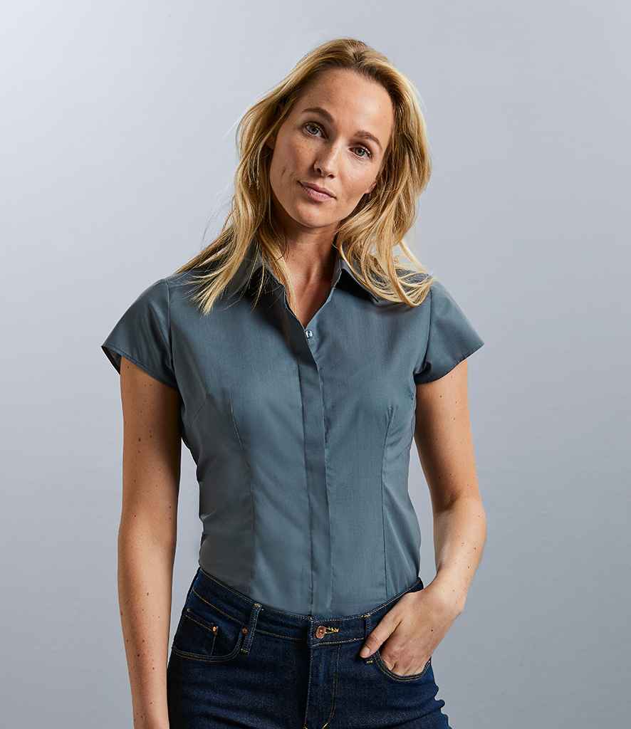Russell Collection Ladies Cap Sleeve Fitted Poplin Shirt in by Russell — Custom branded clothing by Print Press, featuring premium embroidery produced in our specialist print lab in the UK.